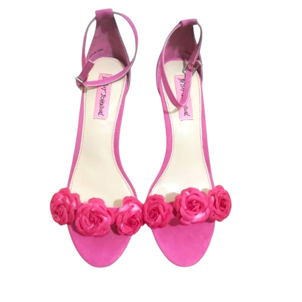 BETSEY JOHNSON Bromme Fuchsia Fabric Floral Dress Sandal Open Toe Heels Size 7 - Picture 7 of 14